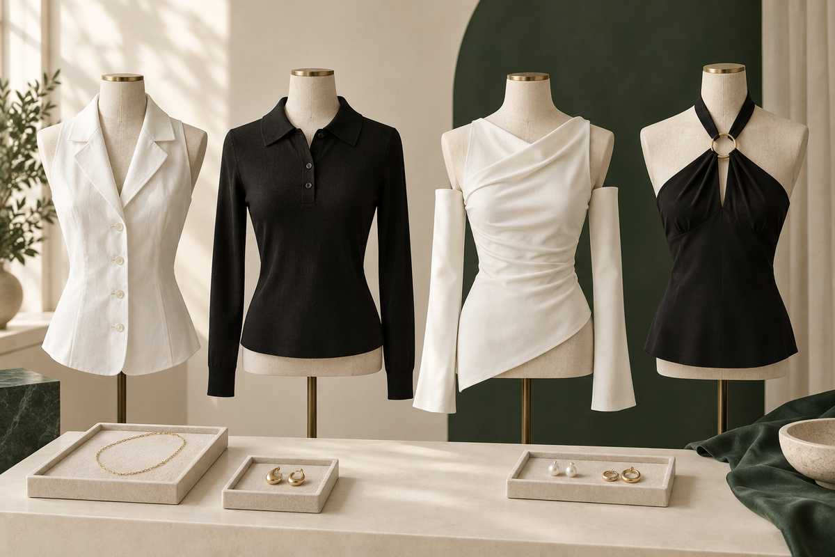 Four neckline directions beside simple jewelry in a fashion studio
