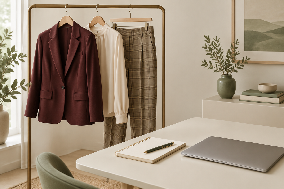 Conceptual burgundy blazer and khaki checked trousers for interview outfit planning