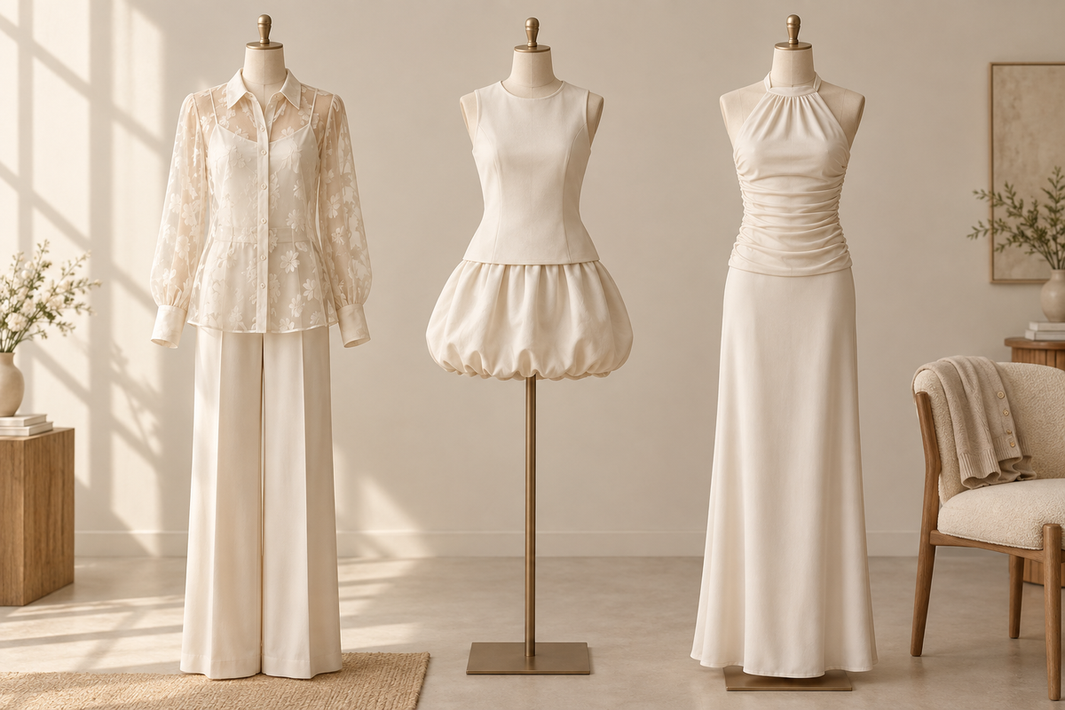 Conceptual summer outfits comparing a sleeveless set, halter top and sheer-sleeve blouse