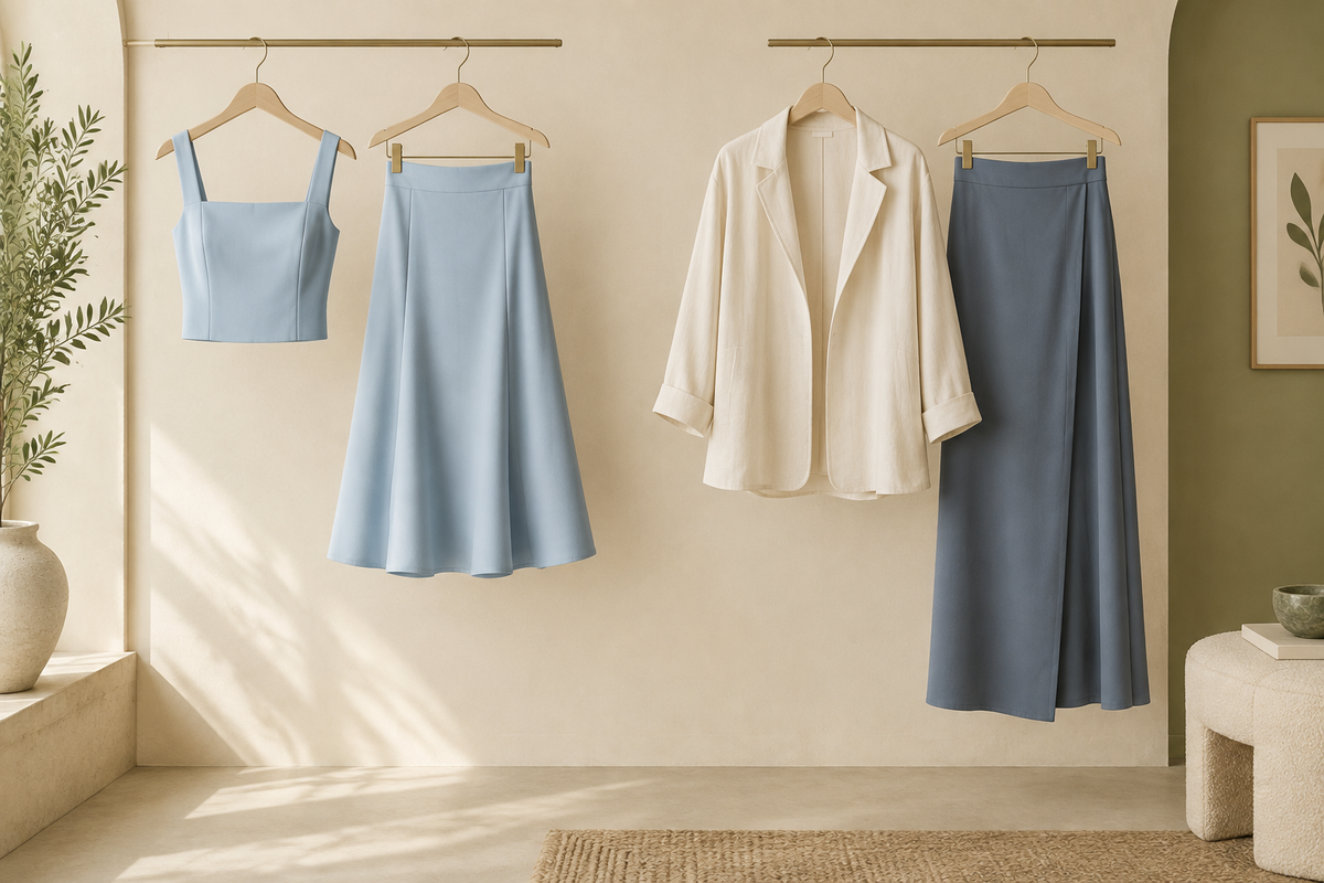 Conceptual blue top and skirt beside a pale outer layer and separate blue skirt.