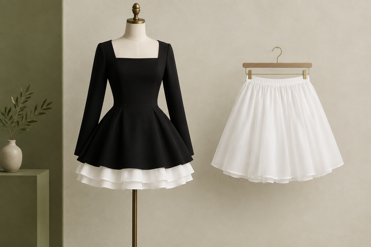 Conceptual black-and-white layered dress beside a separate white underskirt
