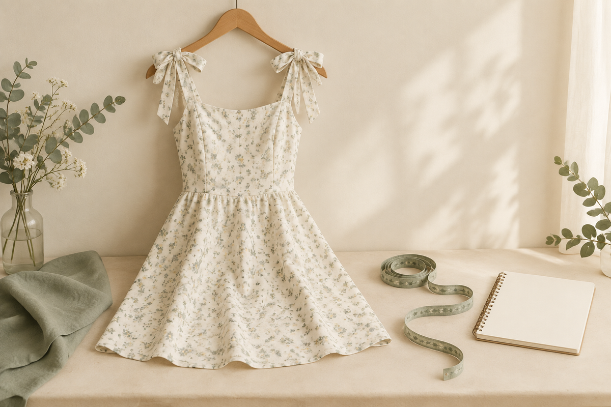Conceptual floral shoulder-tie dress with a measuring tape for fit planning.