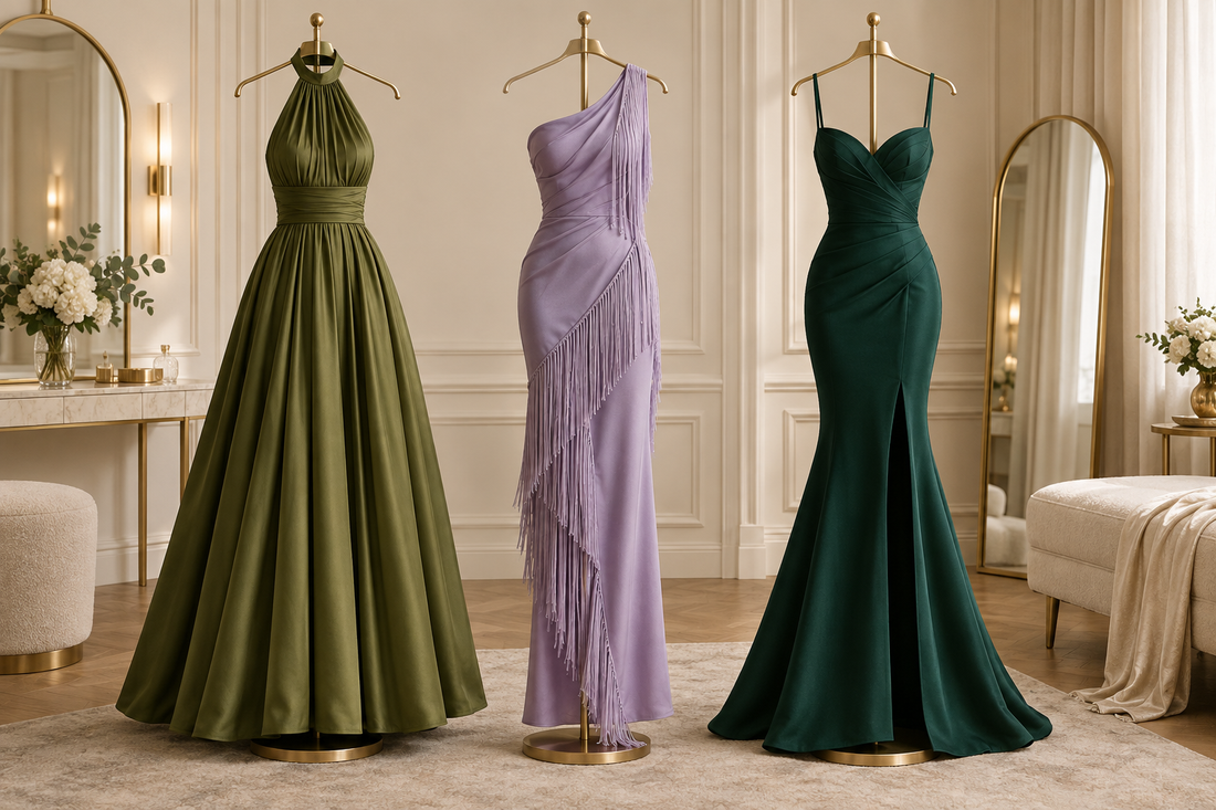 Three evening dresses displayed in a dressing room: pleated, tassel and slit styles.