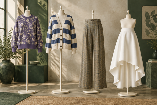 Floral, striped, checked and plain clothing directions in a fashion studio.