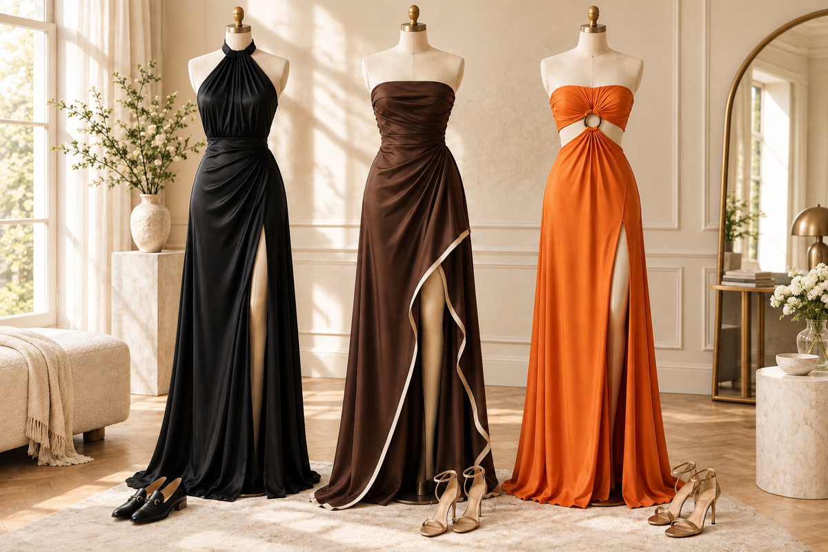 Three long party dresses illustrating different slit and cutout designs.