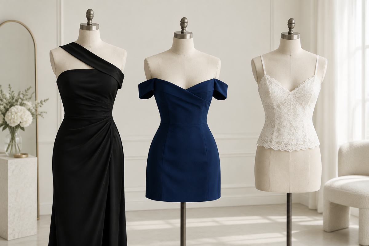 Three shoulder arrangements comparing a diagonal band, exposed shoulders and two thin straps.