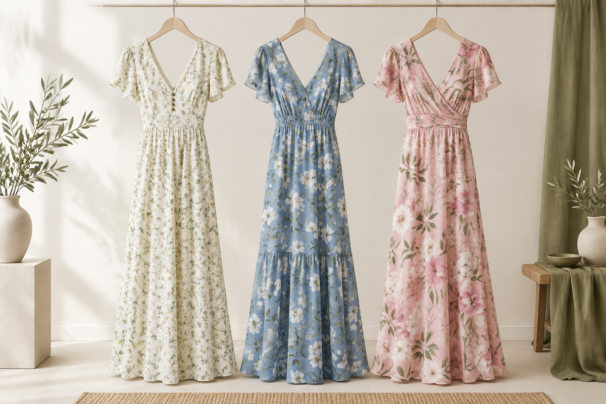 Conceptual floral long dresses with different prints and front details