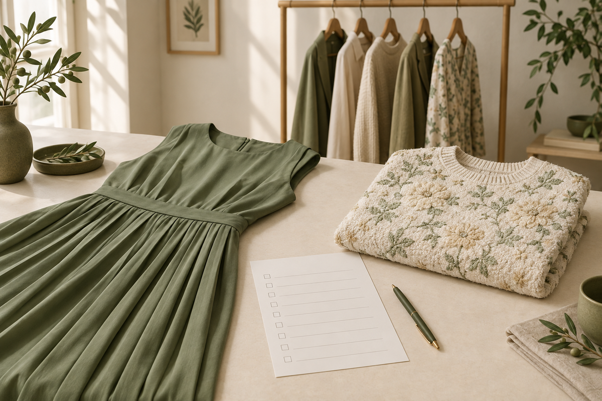 Conceptual pleated dress and floral textured pullover beside a wardrobe-care checklist.