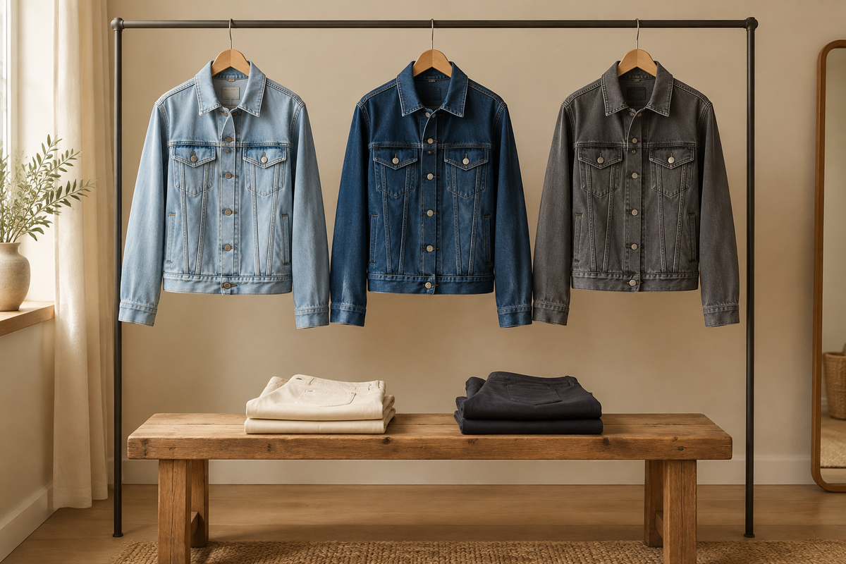 Conceptual denim jackets comparing light blue, deep blue and gray with existing trousers.