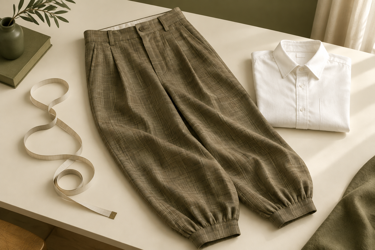Conceptual khaki plaid trousers beside a measuring tape and folded white shirt.