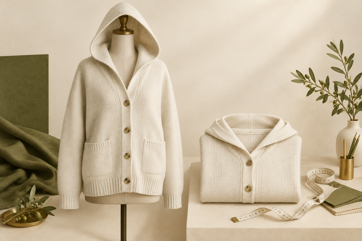 Conceptual hooded cardigan showing raised and lowered hood arrangements.