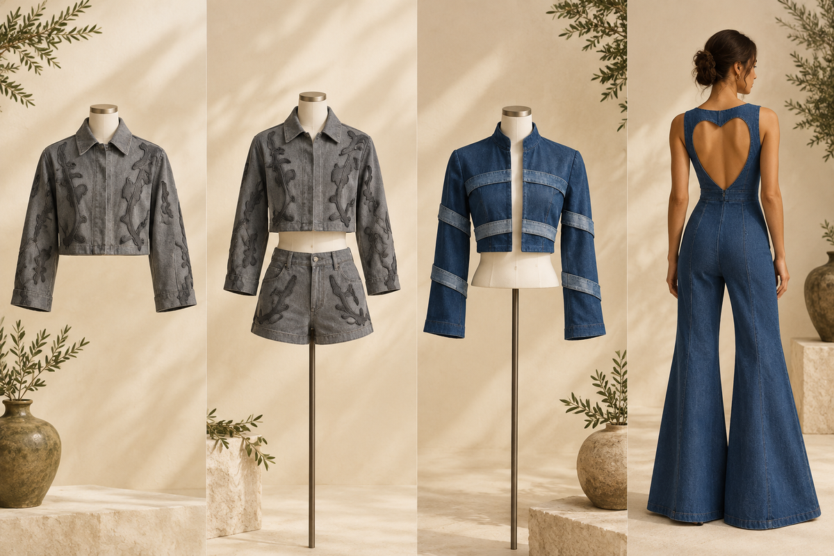 Four statement denim directions comparing jackets, matching shorts and a heart-back one-piece.