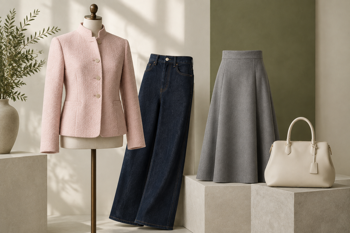 Conceptual pink textured jacket with dark denim, a gray skirt and a neutral bag