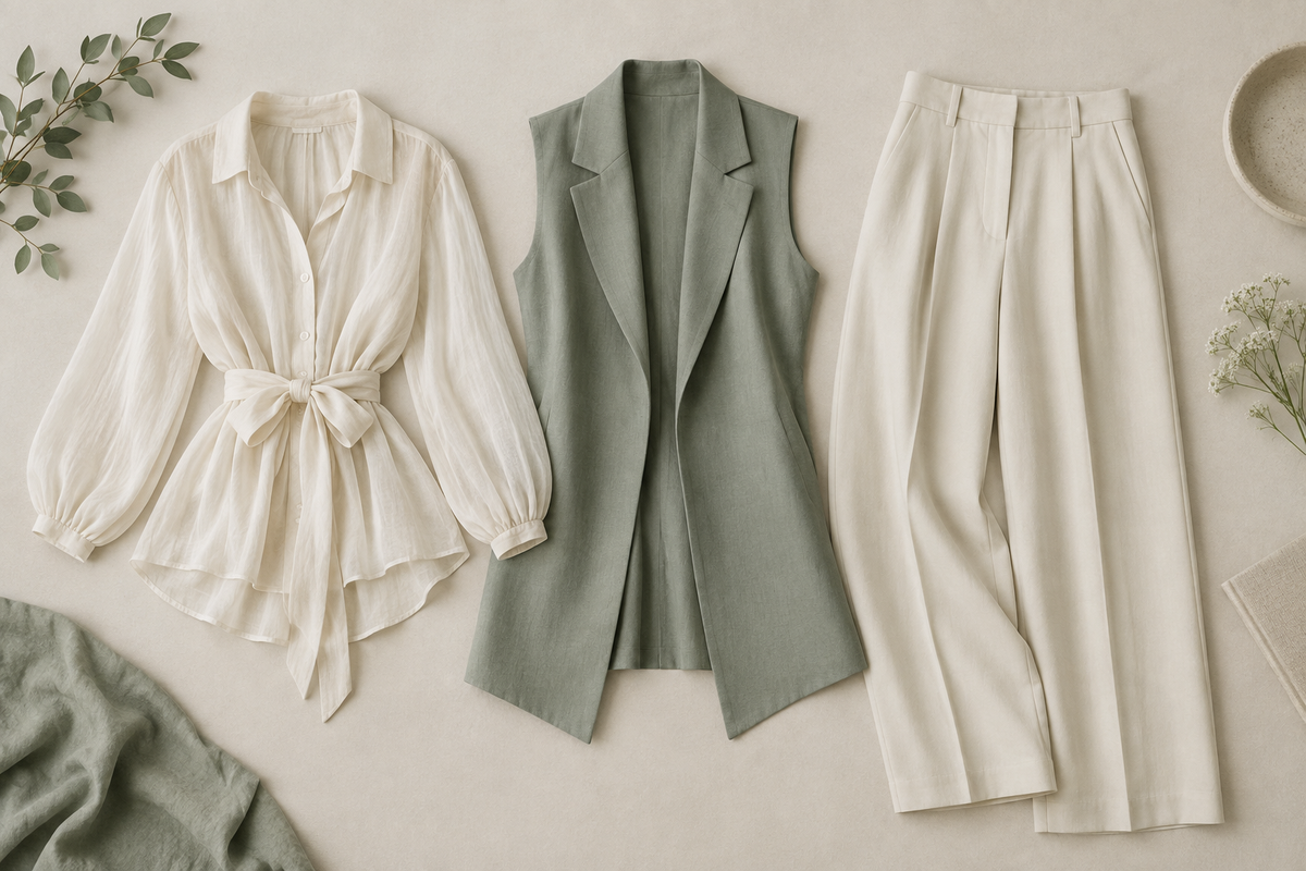 Conceptual tied blouse and sleeveless lapel top for hem-shape and waist-fit planning.