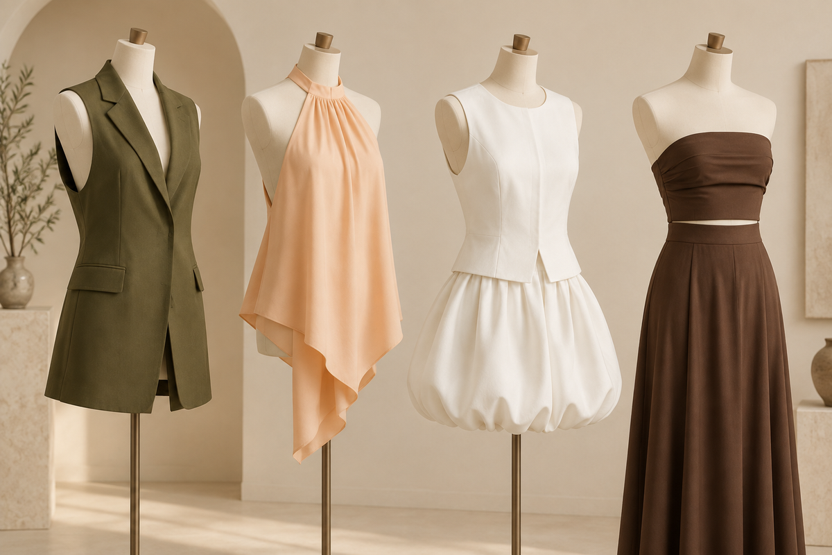 Four sleeve-free outfit directions comparing shoulder panels, halter sides and strapless shapes.