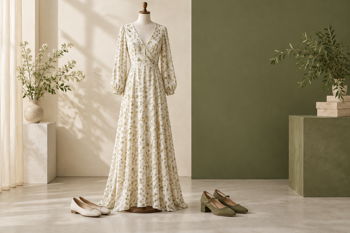 Conceptual floral long dress with flat shoes and low heels arranged beside it.