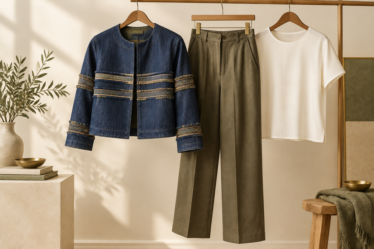 Conceptual band-detail jacket beside an ivory top and everyday trousers.