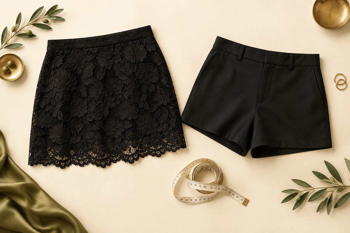 Conceptual black lace skirt beside separate shorts and a measuring tape.