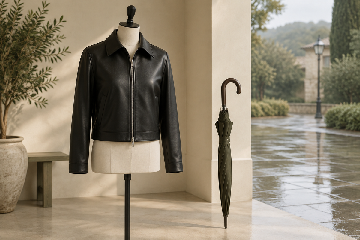 Conceptual dark leather-look jacket beside a closed umbrella.