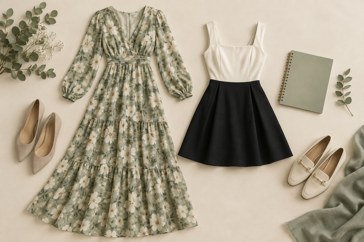 Conceptual floral and black-and-white dresses for waistline and bodice-length planning.
