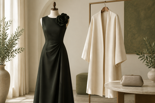 Conceptual shoulder-flower evening dress beside a separate cream outer layer and neutral clutch.