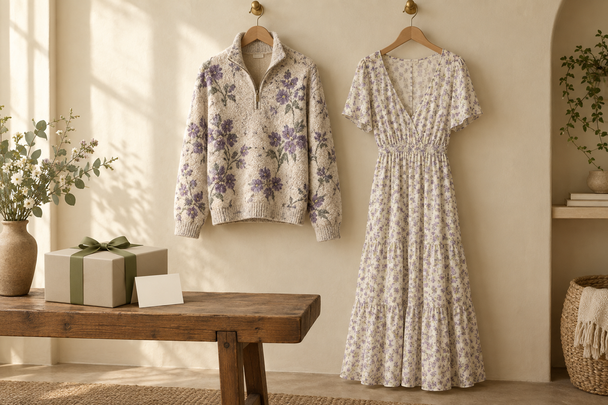 Conceptual floral pullover and long dress beside a gift box
