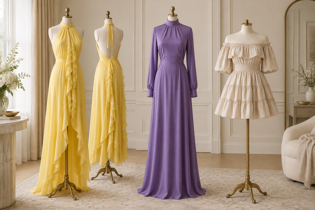 Three party dresses displayed to compare high necklines, open backs and bare shoulders.