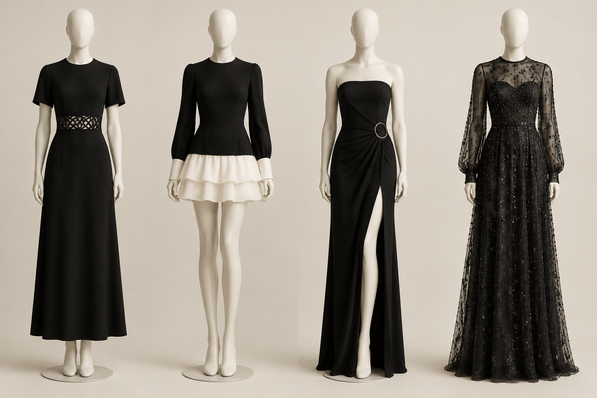 Four black dress directions comparing contrast, cutouts and sheer-looking details.