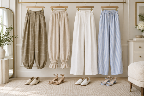Four trouser styles displayed above loafers and sandals for a hem-length comparison.