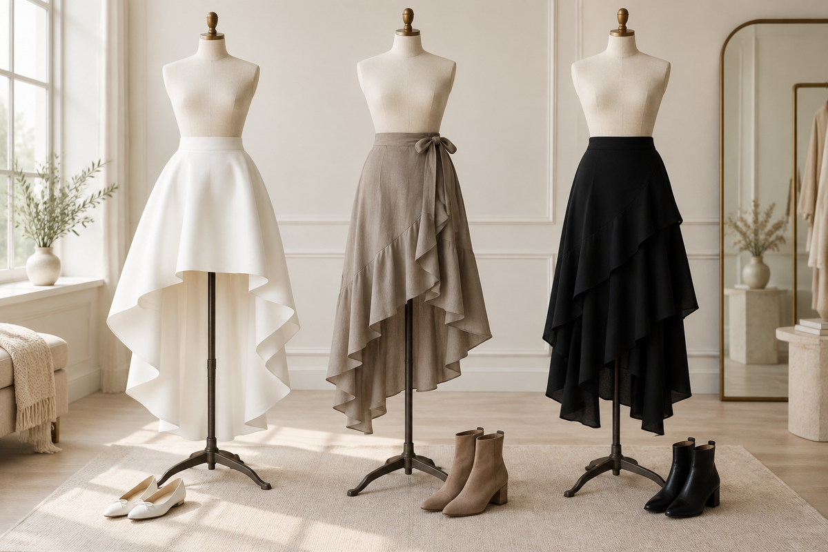Three asymmetric skirts displayed with different short-front and long-panel silhouettes.