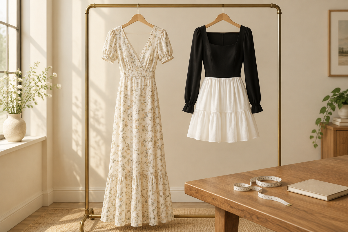 Conceptual floral long dress and layered contrast mini with a measuring tape