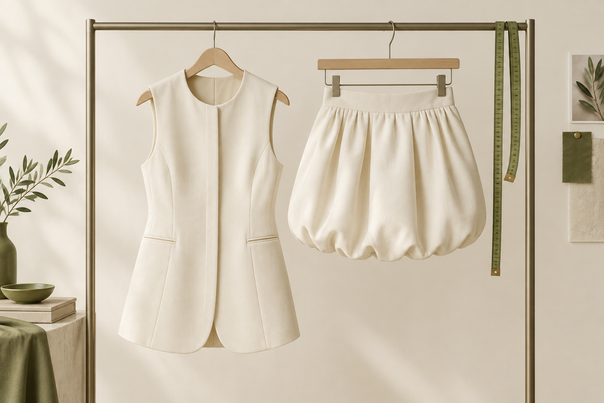 Conceptual pale vest and rounded skirt beside a measuring tape