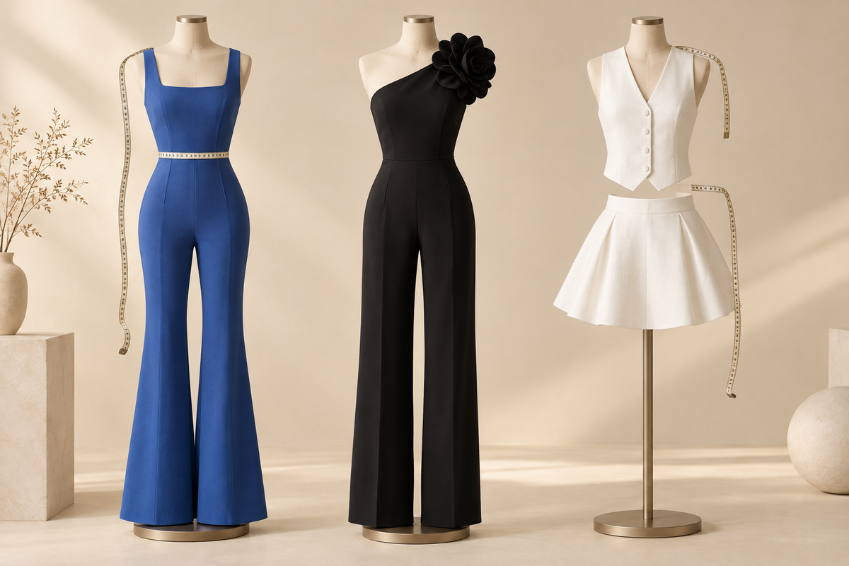 Conceptual jumpsuit and separate-piece outfits illustrating connected torso-fit planning.