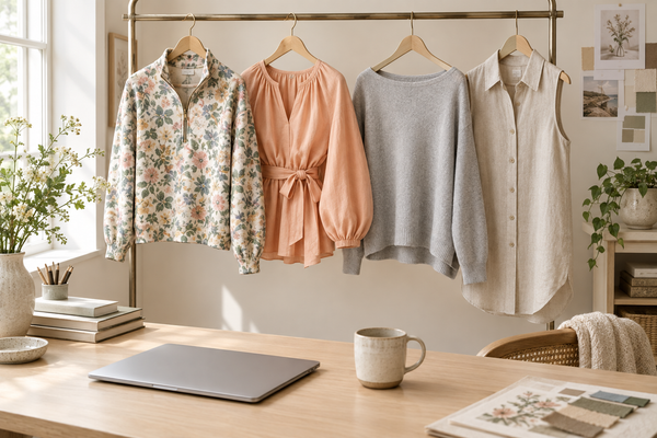Four tops beside a desk, illustrating sleeve, reaching and layering choices.