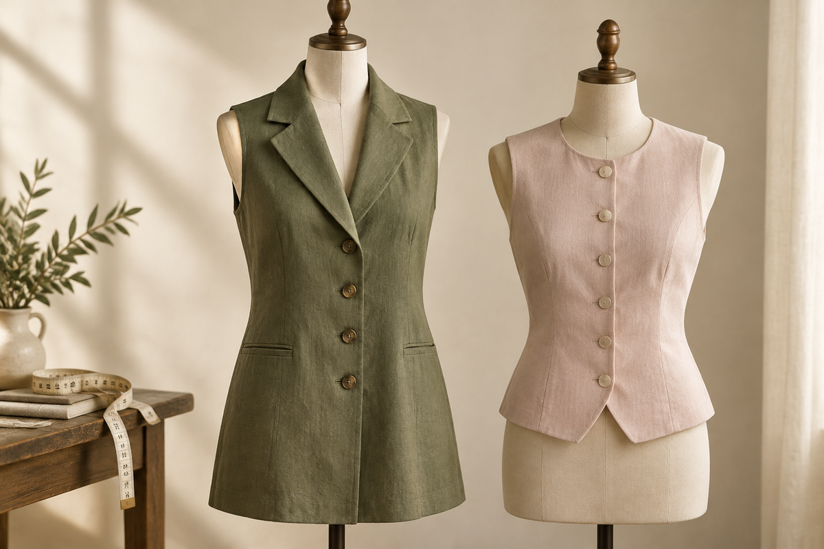 Conceptual display of olive and blush button-front tops illustrating neckline and fit choices
