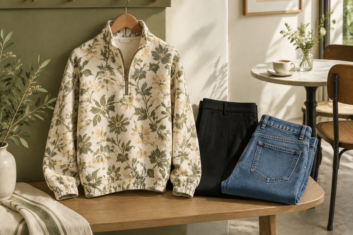Conceptual floral half-zip pullover with folded trousers and jeans beside a café table.