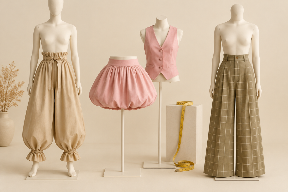 Conceptual lower garments comparing gathered waistbands and different silhouettes