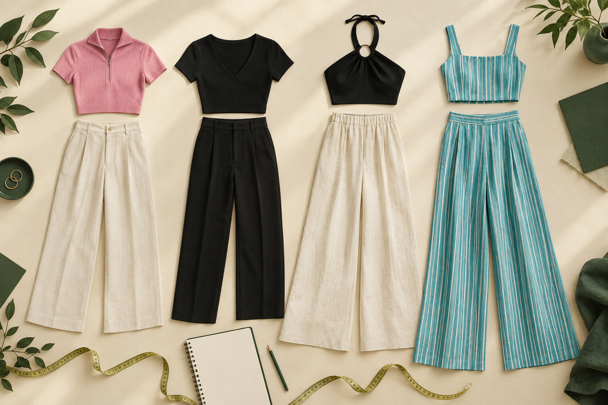 Four crop-top outfit directions showing different hem-to-waist relationships