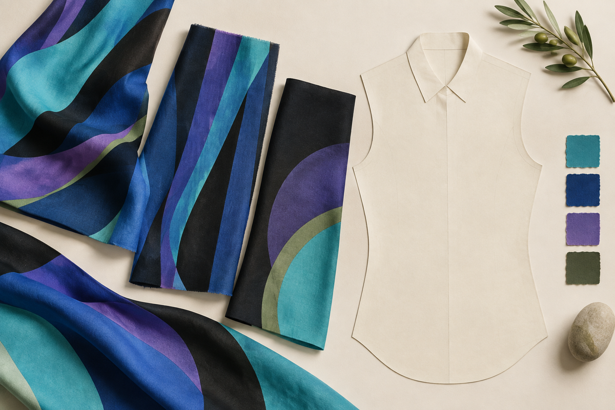 Conceptual graphic fabric panels beside a plain shirt pattern on an ivory table.⠋