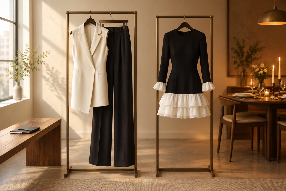 Conceptual lapel-top outfit and black-and-white mini dress for a work-to-dinner plan.