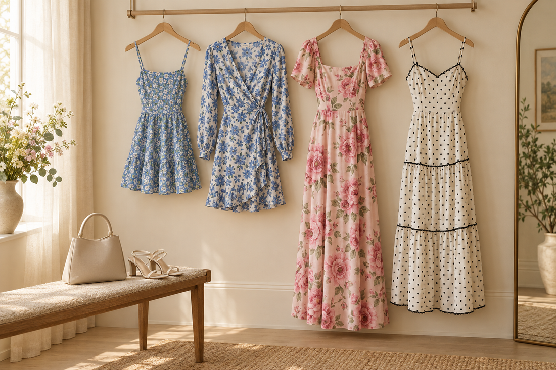 Four printed dresses displayed in a cream studio, comparing florals and polka dots.