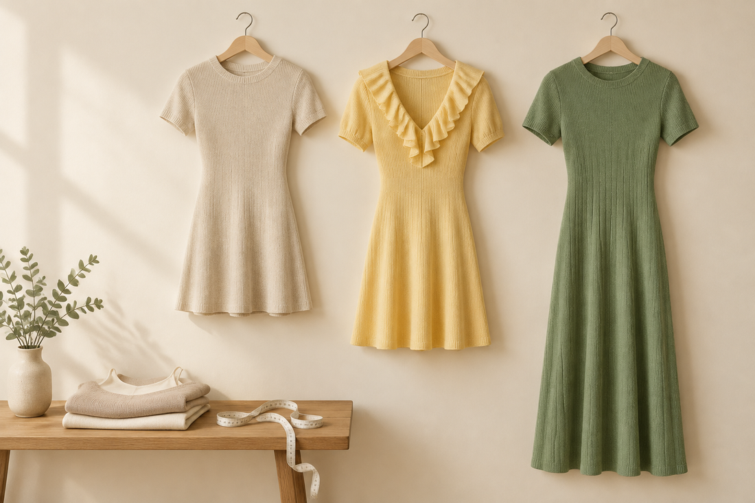 Three knit dresses displayed beside a measuring tape in a cream dressing studio.