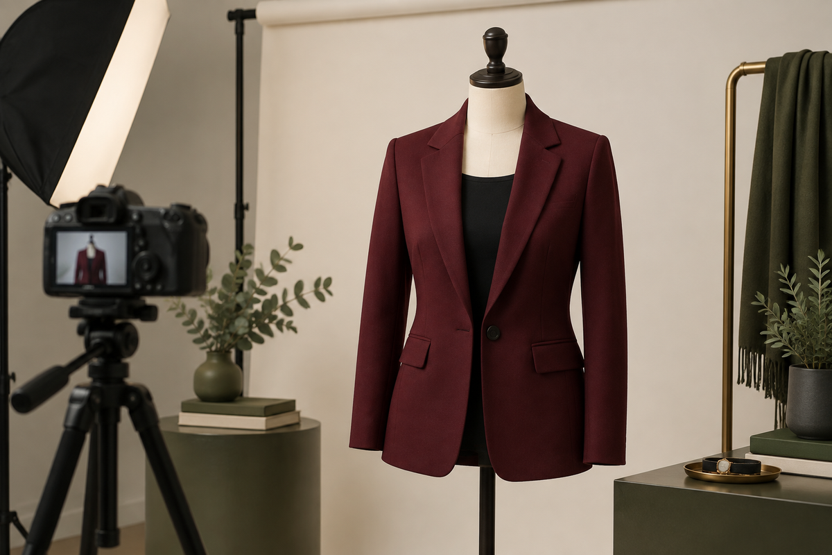 Conceptual wine-red blazer over a dark top in a portrait-studio setting