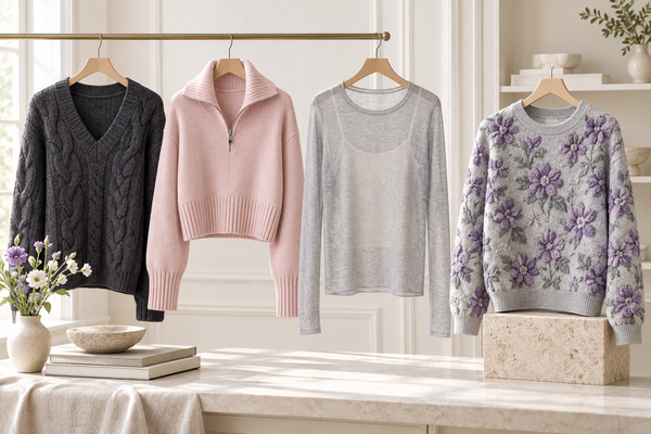 Four textured tops comparing cable motifs, ribbed edges, fine knit and a floral raised surface