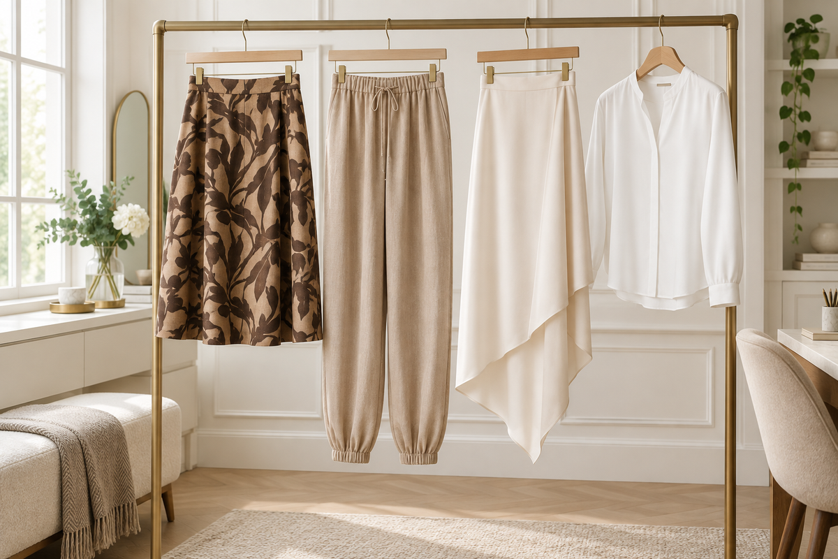 Statement skirts and beige trousers displayed beside a white blouse in a dressing room.