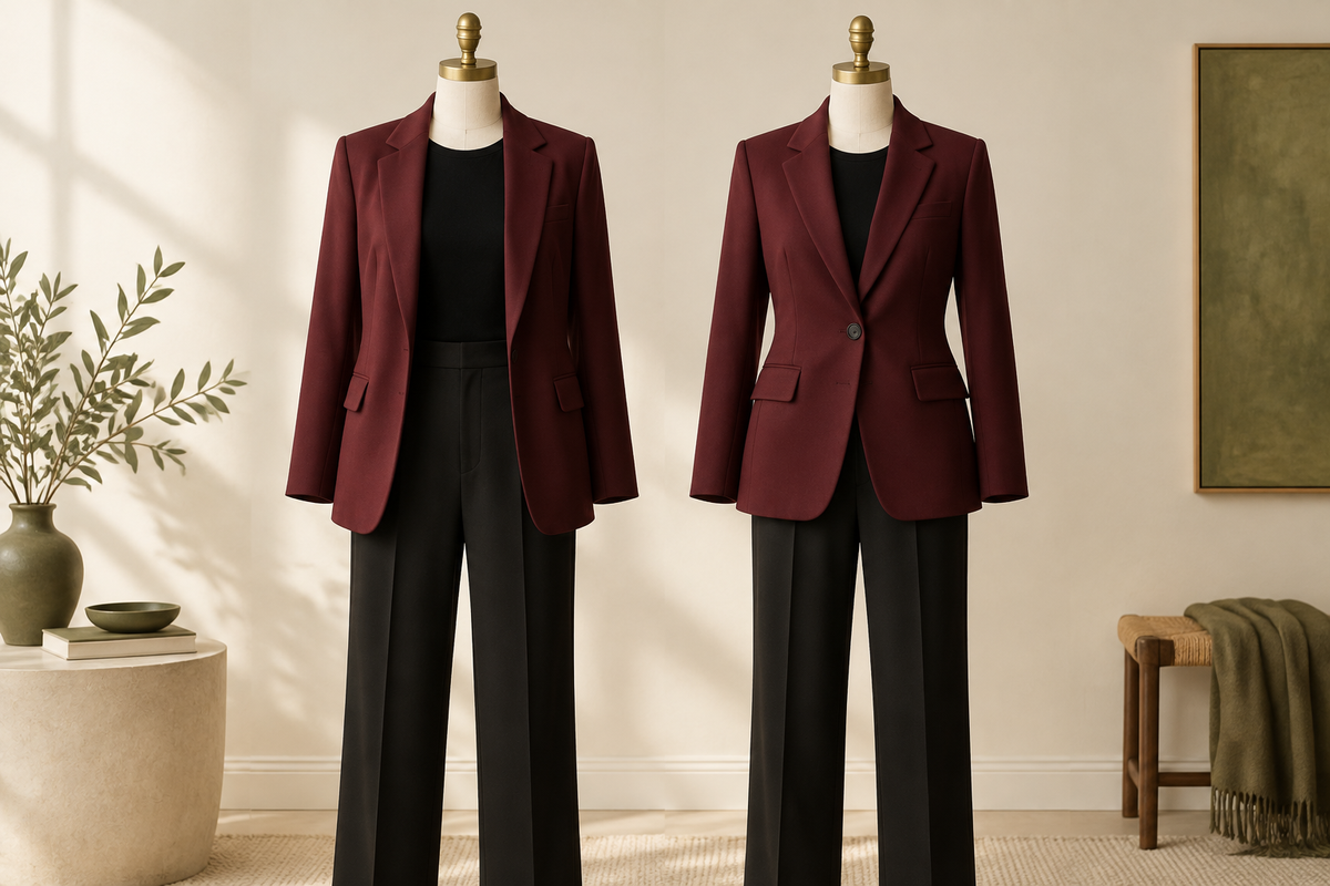 Conceptual wine-red blazers shown open and fastened over dark outfits