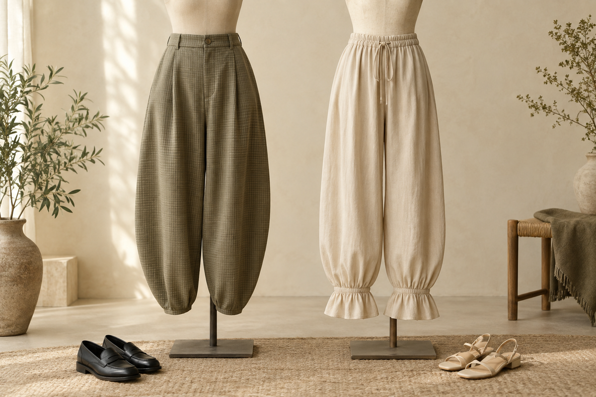 Conceptual comparison of khaki lantern trousers and beige trousers with ruffle hems