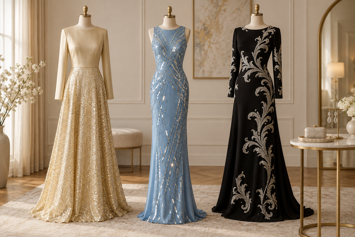 Three evening dresses comparing a glittering skirt, geometric shine and contrasting silver motifs