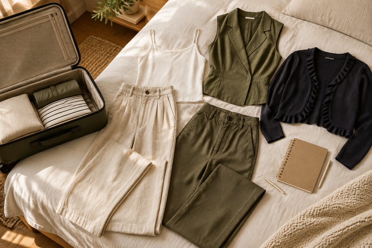 Conceptual weekend suitcase with two bottoms and upper layers for outfit planning.