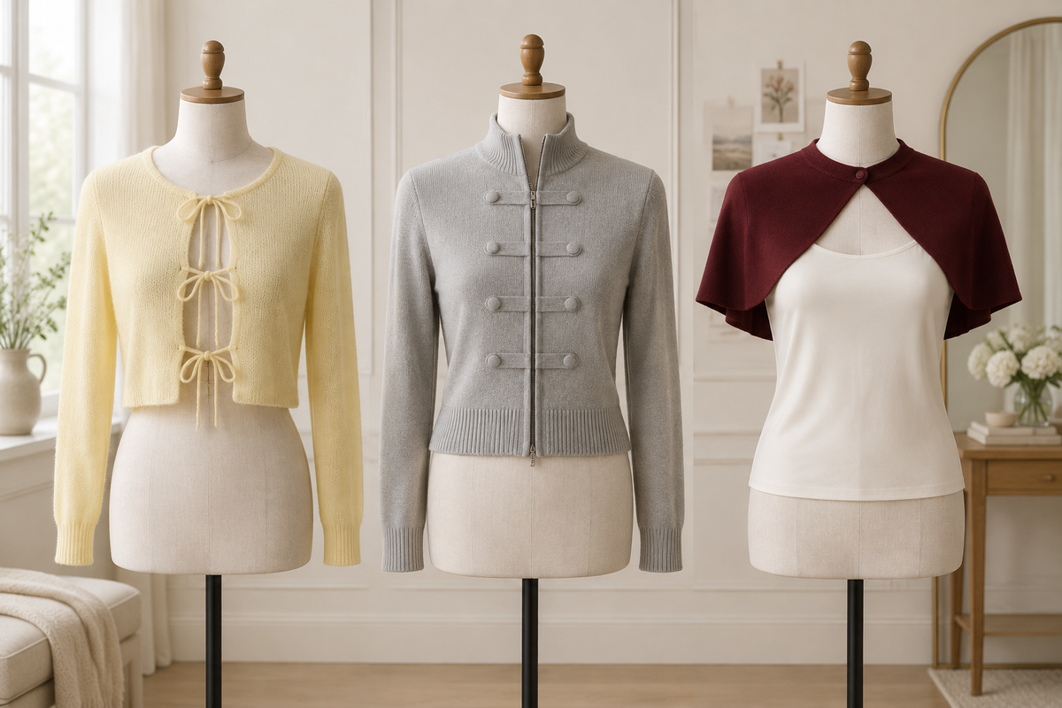 Three upper layers illustrating cardigan front coverage and separate base-layer choices.